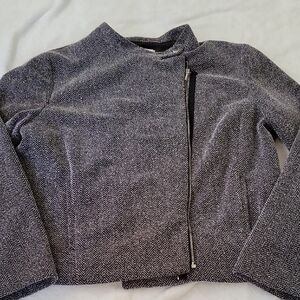 New York & Company Black and White Herringbone Zip Jacket